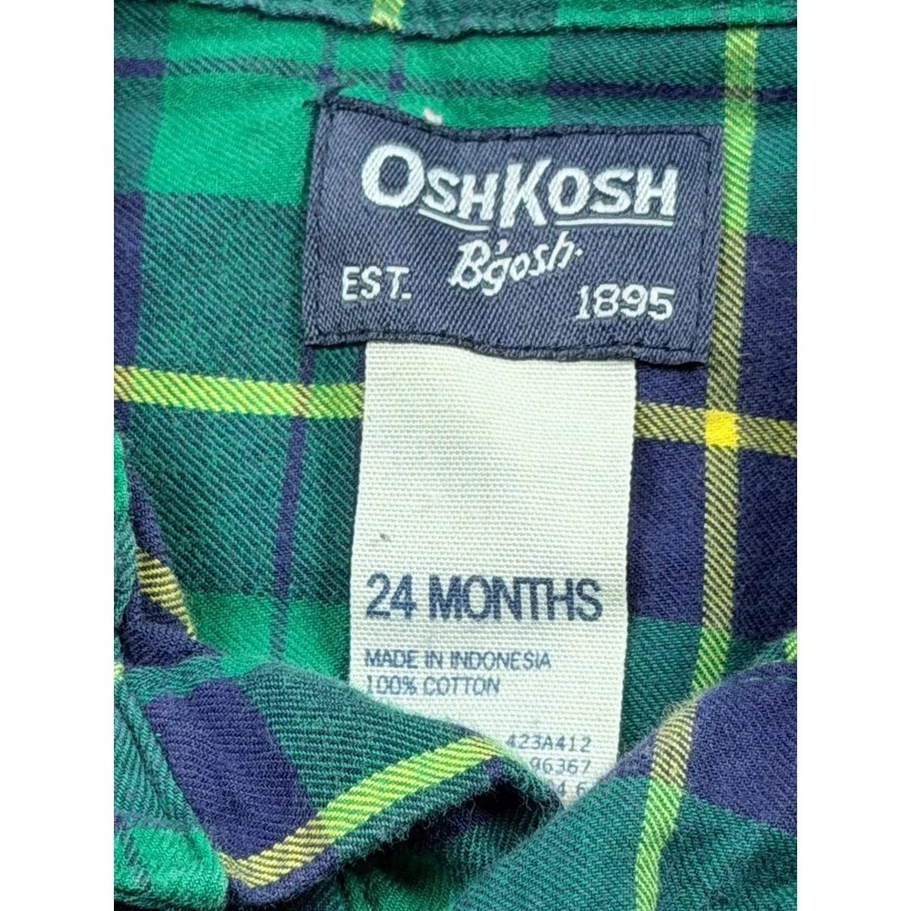 OshKosh Bgosh Baby Boy 24M Green Navy Plaid Flannel Long Sleeve Shirt Bodysuit